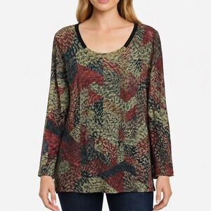 ENERGE Abstract Print Embellished Scoop Neck Long Sleeve Top XL